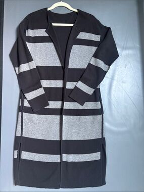 Athleta Reveraible Black & Gray Striped Open Cardigan